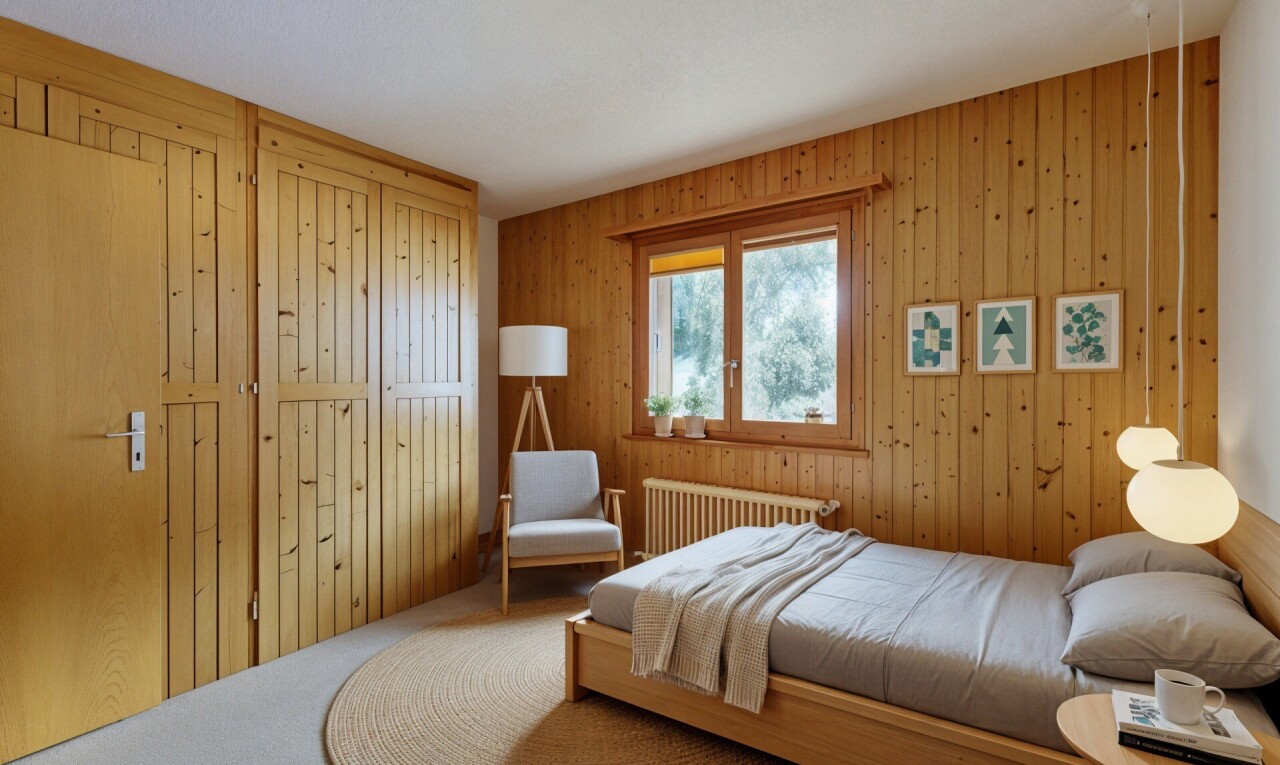 zimmer / schlafzimmer mit holzwand, wood wall, inside property, natürliches licht, und natural light