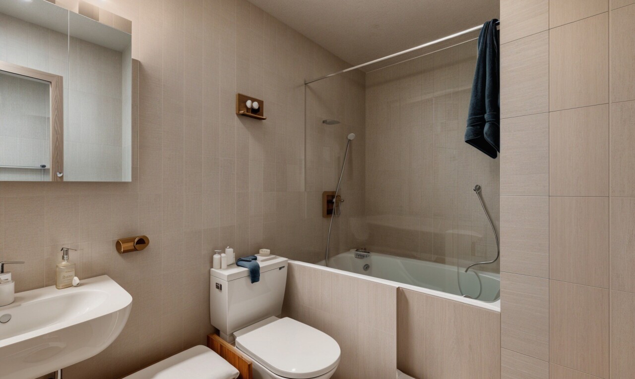 bad mit komplettes badezimmer, spiegel, inside property, fliesenwand, und tile wall
