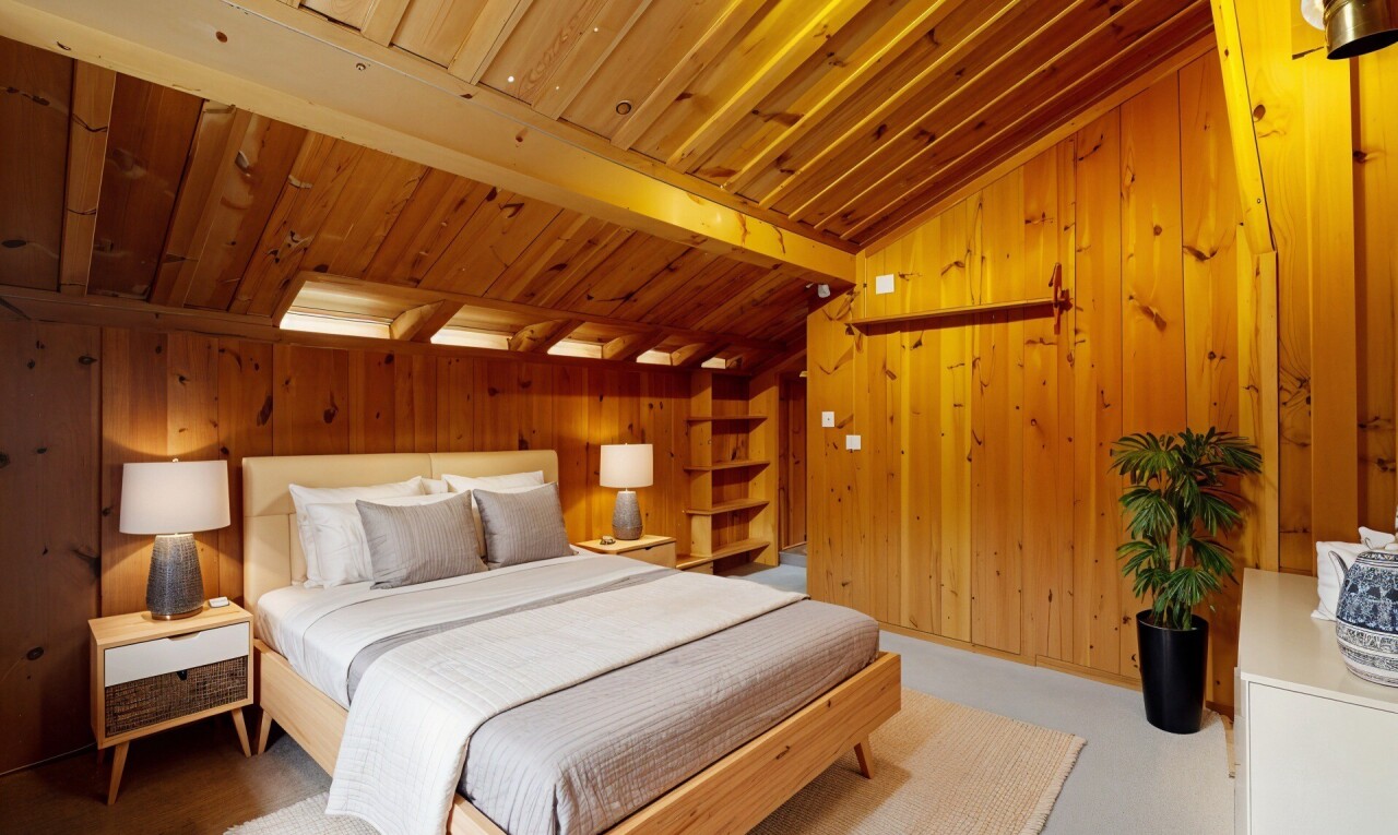 zimmer / schlafzimmer mit holzwand und holzdecke