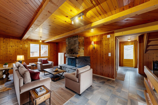 wohnzimmer mit holzwand, balkendecke, natürliches licht, und holzdecke