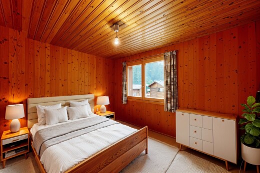 chambre avec plafond en bois, moquette, et lumière naturelle