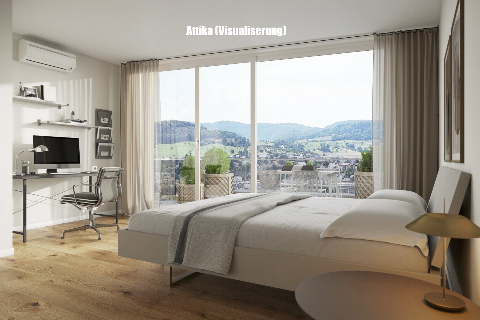 zimmer / schlafzimmer mit bürobereich, wandklimaanlage, holzfußboden, wood finish floor, und fernseher