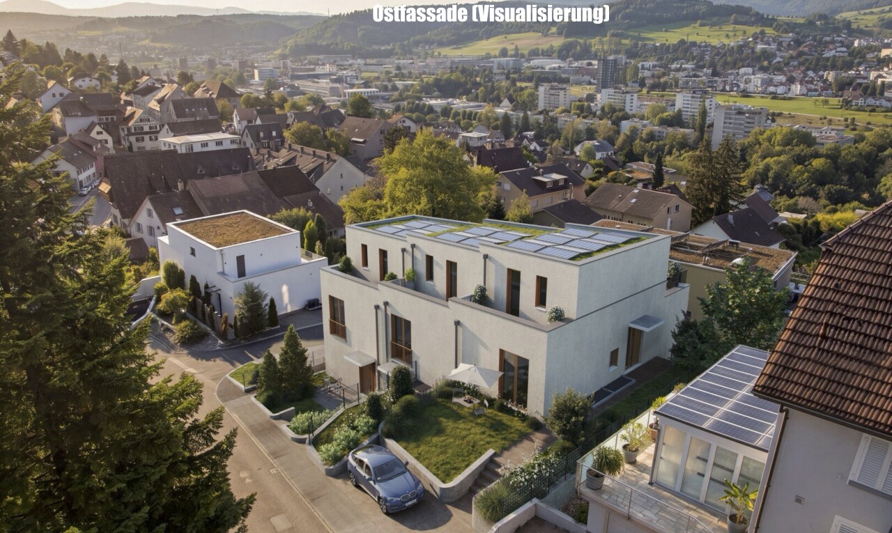 view of building exterior featuring a residential view and a mountain view