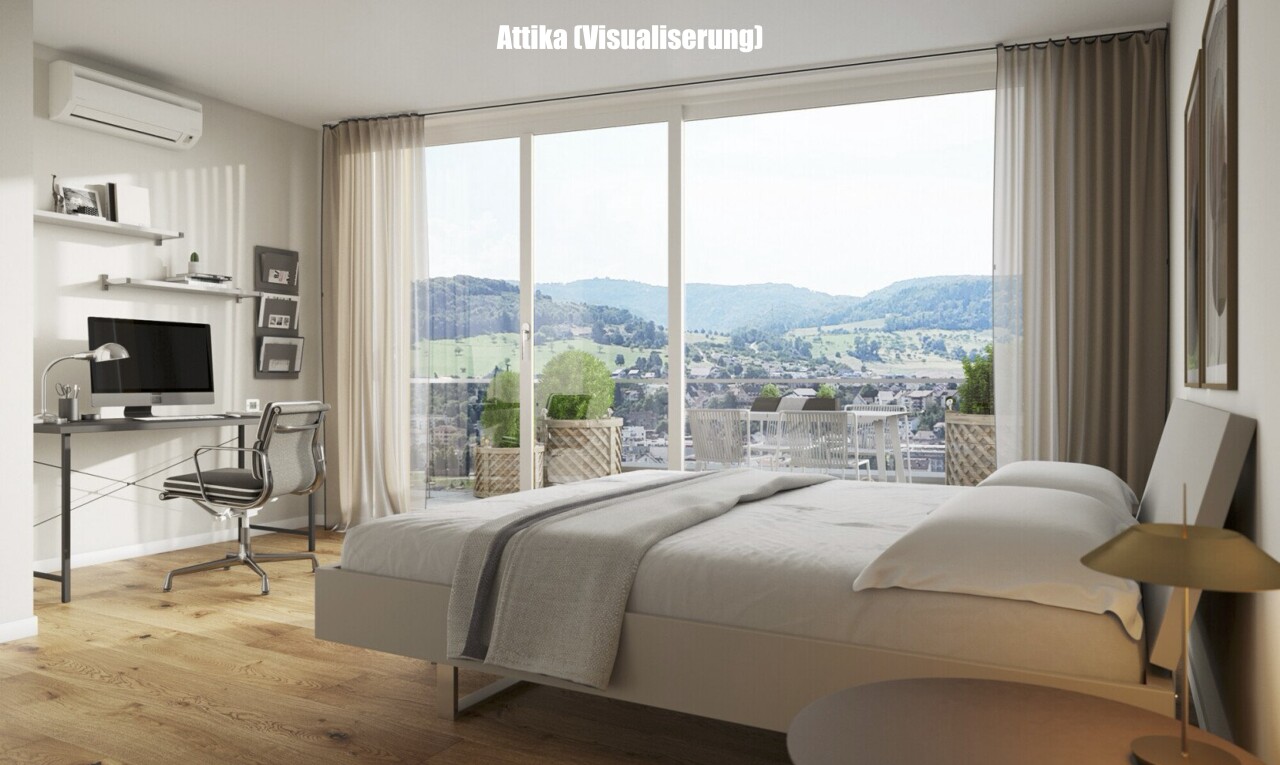 zimmer / schlafzimmer mit bürobereich, wandklimaanlage, holzfußboden, wood finish floor, und fernseher