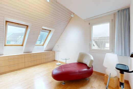 salon avec puits de lumière, sol en finition bois, wood finish floor, plafond voûté, et vaulted ceiling