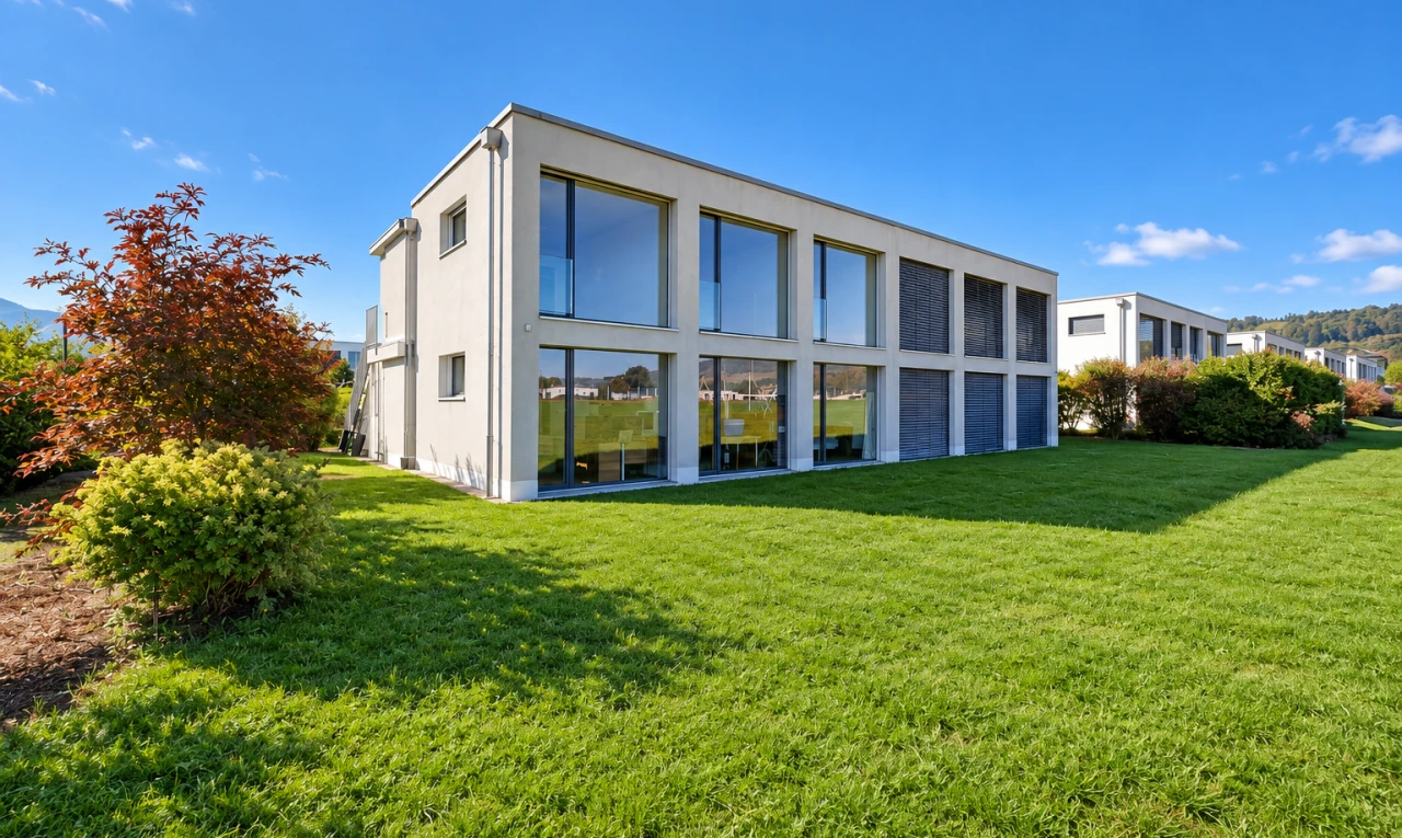 façade avec pelouse, day time, et bardage en stuc