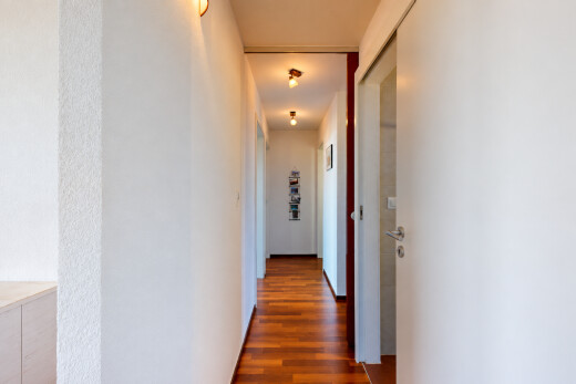 couloir avec sol en finition bois, wood finish floor, inside property, cloison sèche, et drywall