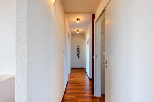couloir avec sol en finition bois, wood finish floor, inside property, cloison sèche, et drywall