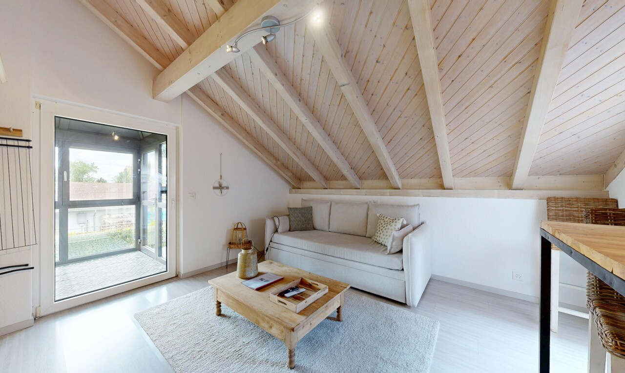 salon avec plafond à poutres, beamed ceiling, plafond en bois, wood ceiling, et cloison sèche