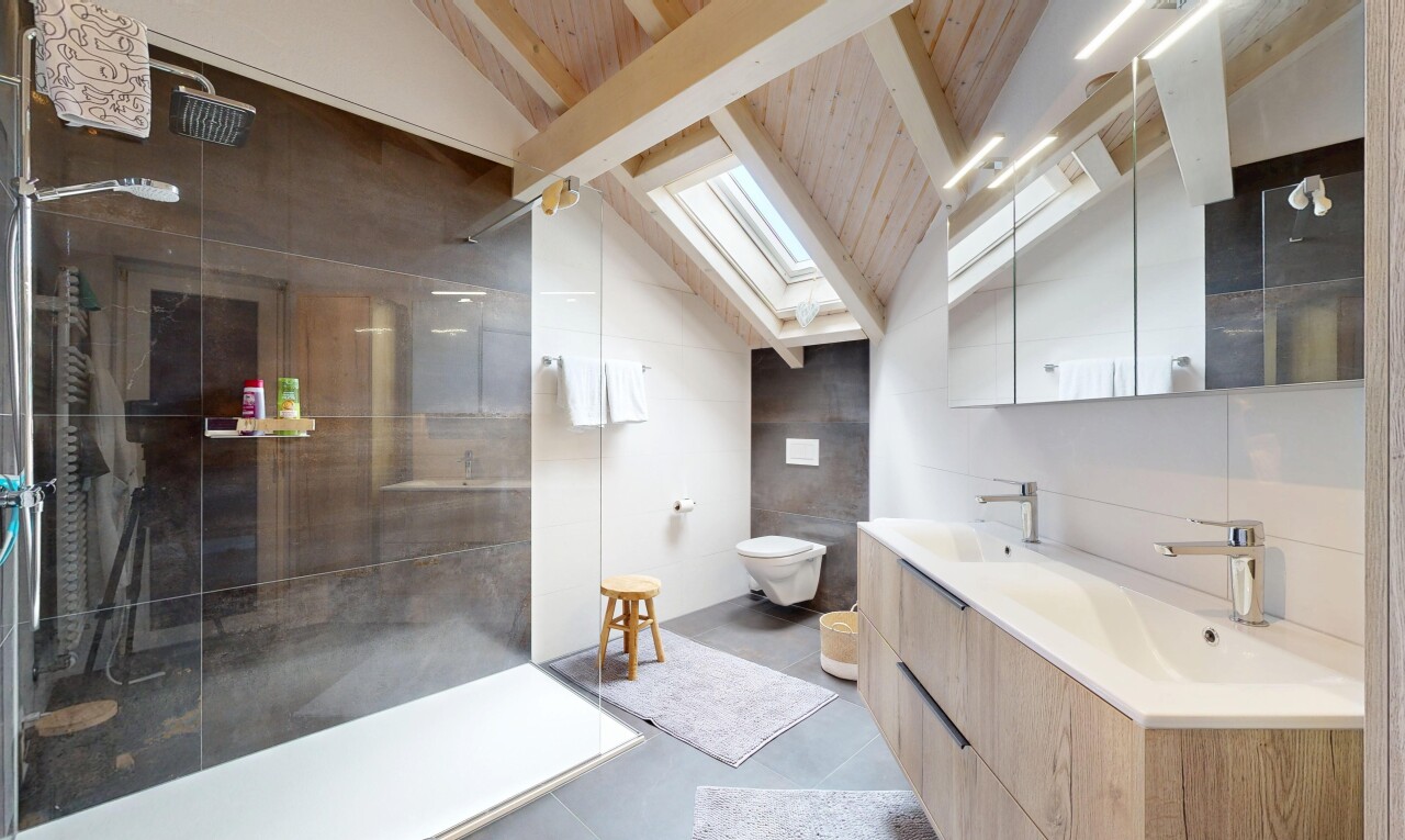 salle de bains avec douche, double vasque, miroir, puits de lumière, et inside property