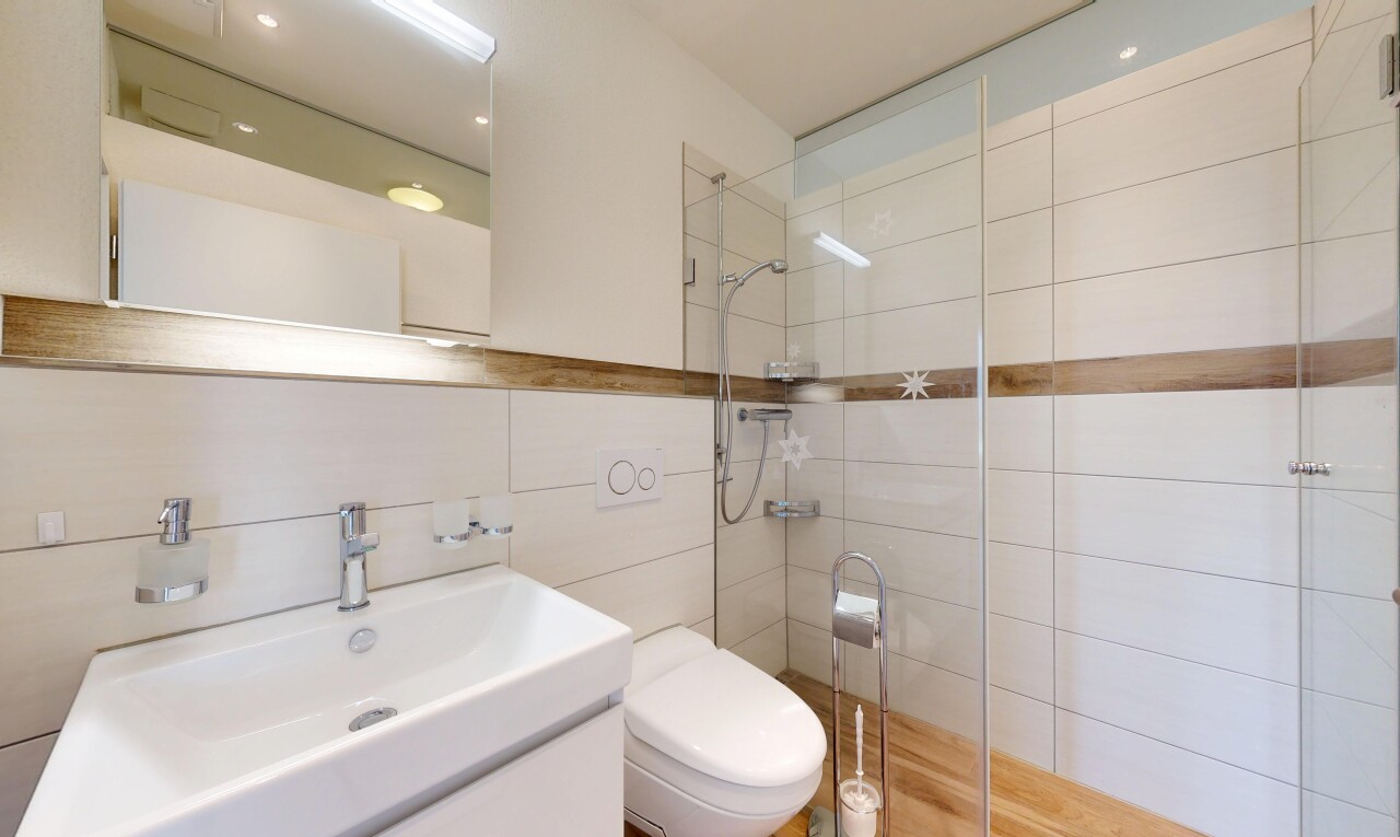 salle de bains avec lavabo (ou coiffeuse selon le contexte), salle de bain complète, douche, miroir, et inside property