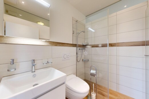salle de bains avec lavabo (ou coiffeuse selon le contexte), salle de bain complète, douche, miroir, et inside property