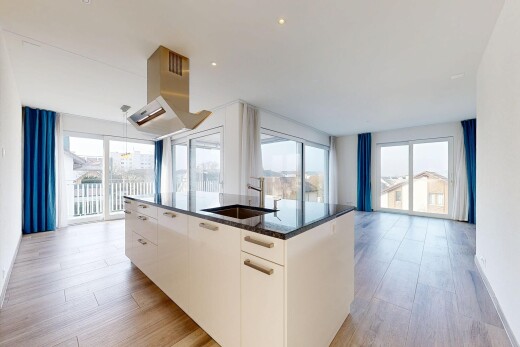cuisine avec armoires à panneau plat, flat panel cabinets, armoires blanches, white cabinets, et hotte