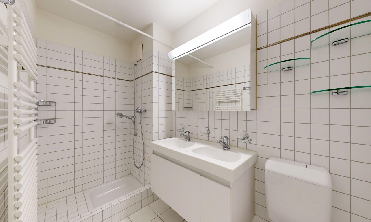 bad mit fliesenwand, tile wall, toilette, inside property, und doppelwaschtisch