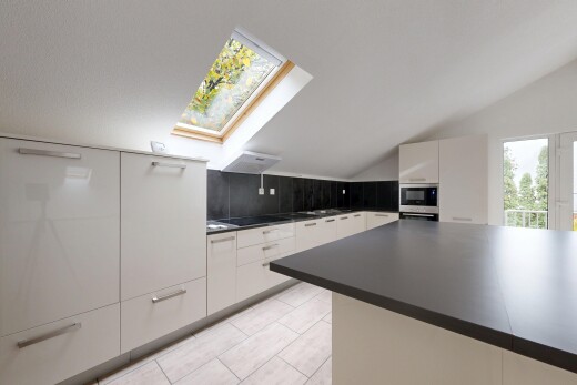 cuisine avec plans de travail, armoires à panneau plat, vaulted ceiling, plafond voûté, et natural light