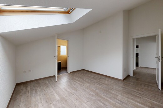 pièce vide avec vaulted ceiling, plafond voûté, puits de lumière, inside property, et wood finish floor