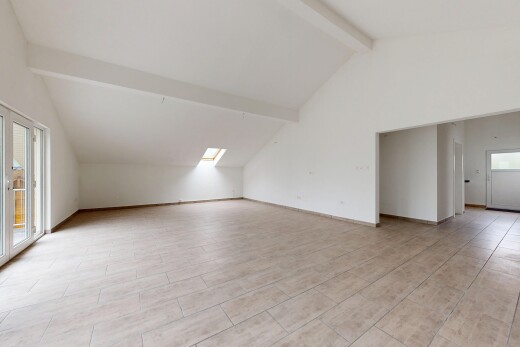 pièce vide avec lumière naturelle, natural light, plafond à poutres, beamed ceiling, et plafond voûté