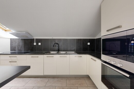 cuisine avec armoires à panneau plat, dosseret, backsplash, inside property, et hotte