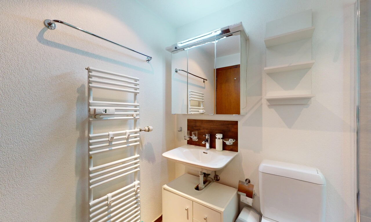 bad mit kühler, handtuchwärmer, toilette, inside property, und spiegel