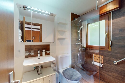 bad mit toilette, dusche, inside property, waschbecken, und komplettes badezimmer