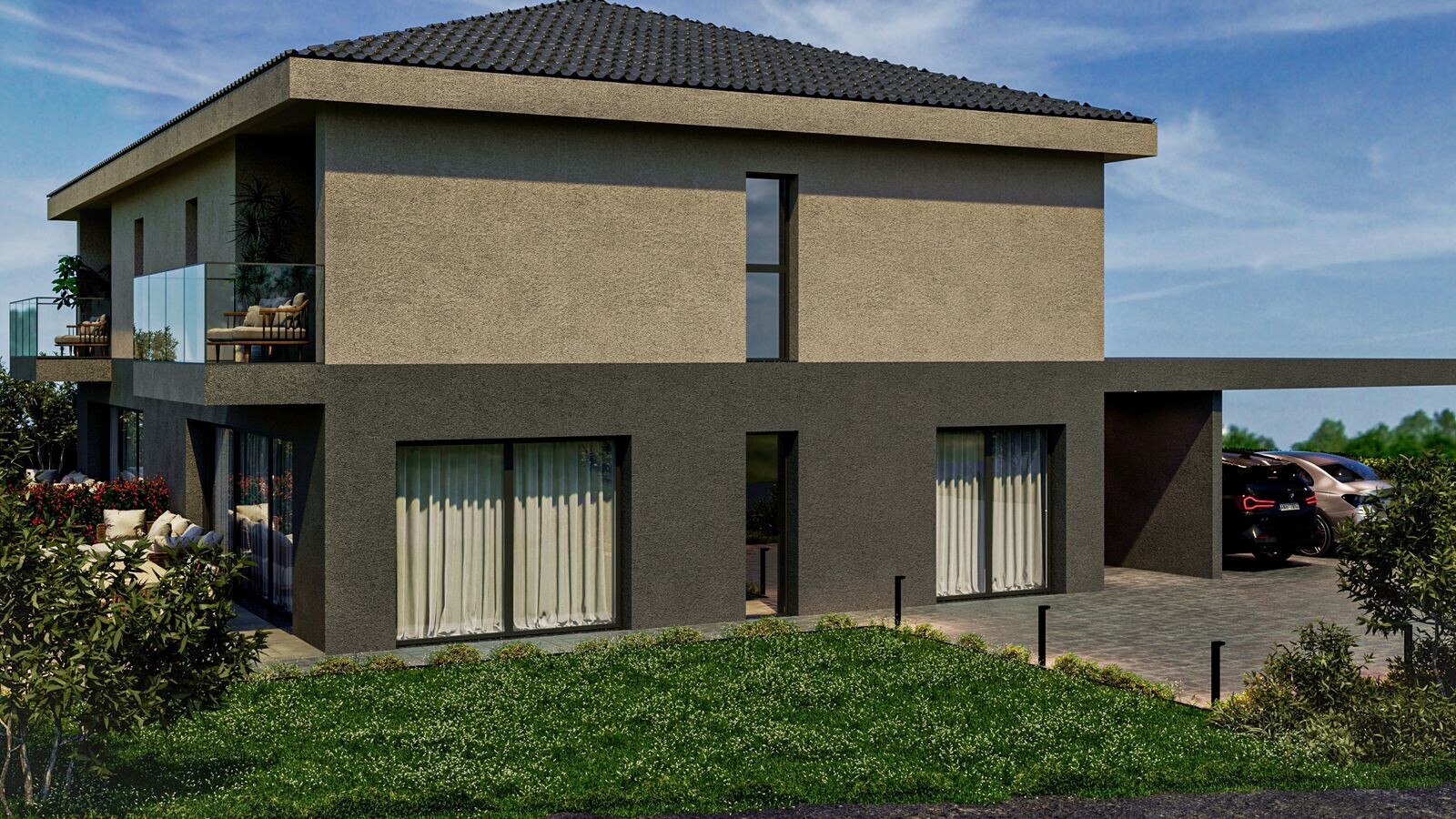 außenansicht mit stuckverkleidung, day time, rendered, property visible, und rasen