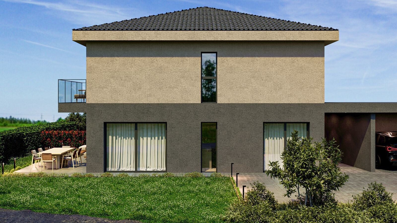 außenansicht mit day time, stuckverkleidung, rendered, property visible, und rasen