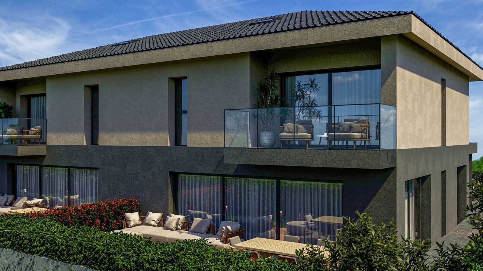 außenansicht mit day time, stuckverkleidung, ziegeldach, rendered, und balkon