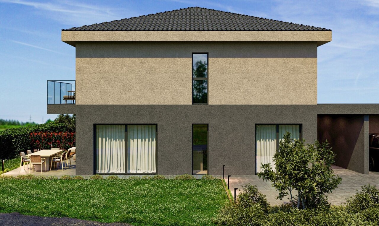 außenansicht mit day time, stuckverkleidung, rendered, property visible, und rasen