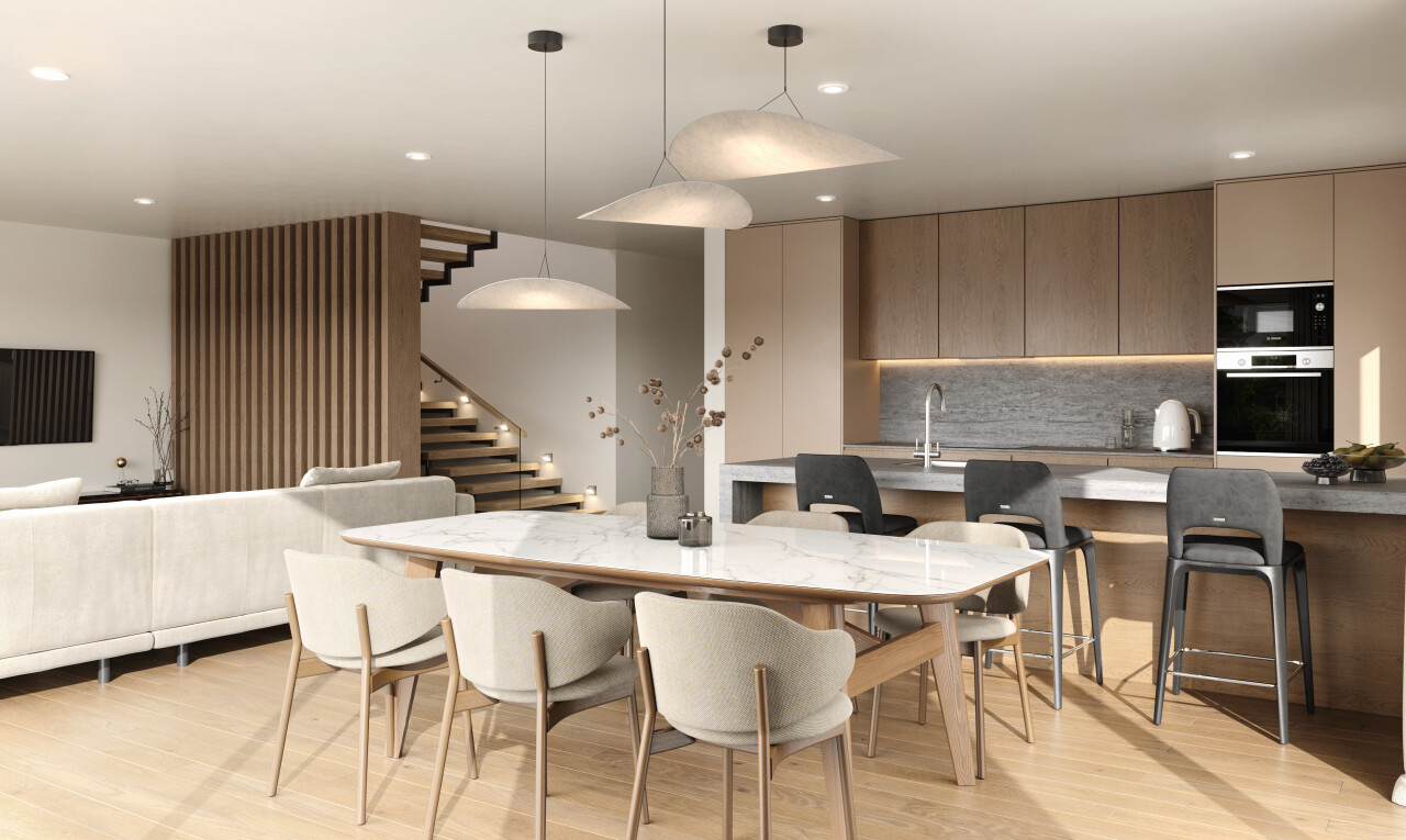 wohn- / esszimmer mit light floor, treppen, holzfußboden, wood finish floor, und gipskartonwand