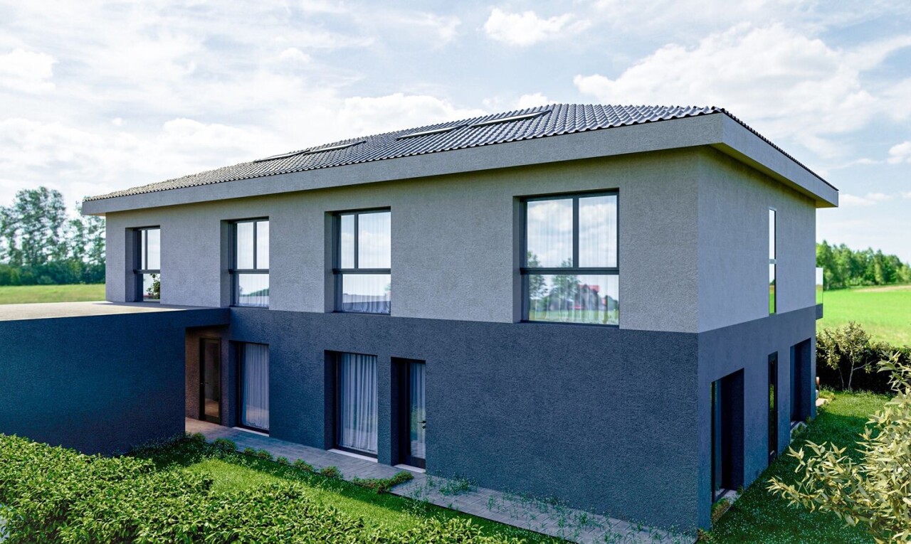 außenansicht mit stuckverkleidung, rendered, day time, und ziegeldach
