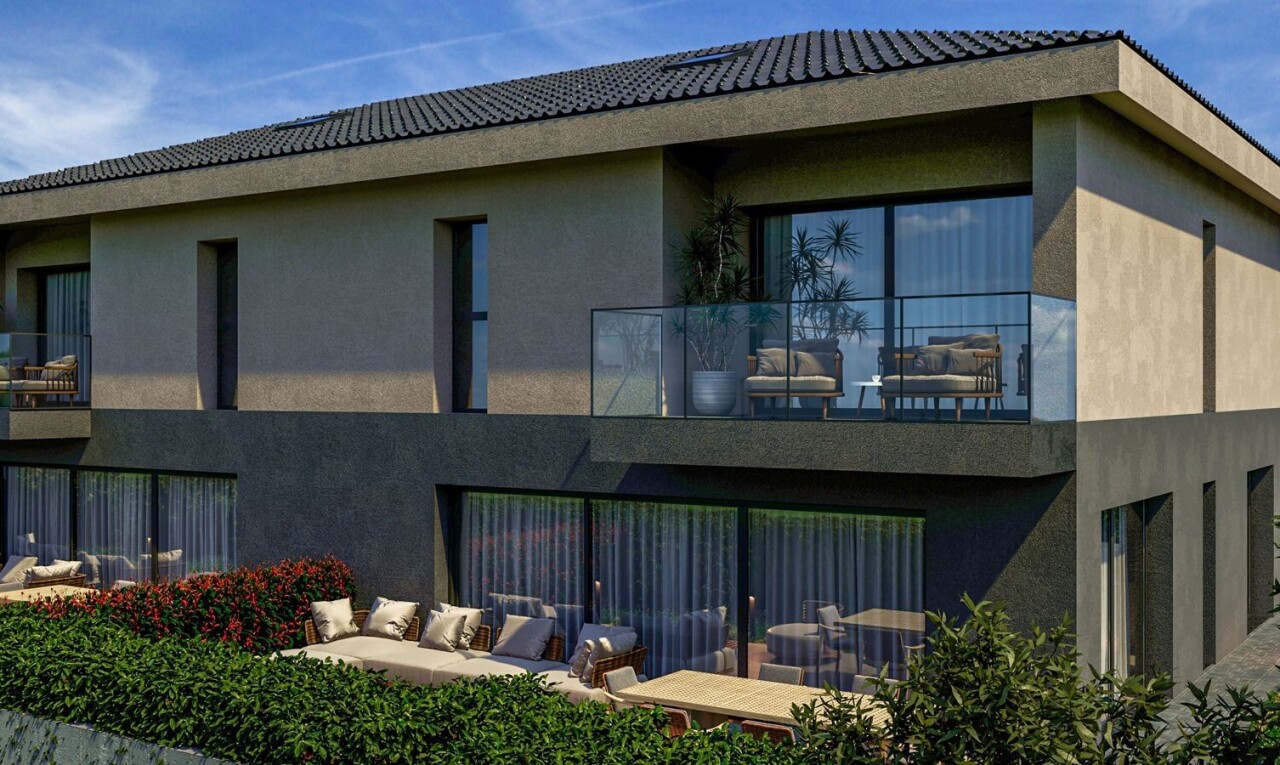 außenansicht mit day time, stuckverkleidung, ziegeldach, rendered, und balkon