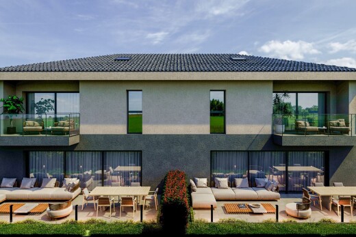 façade avec bardage en stuc, terrasse, rendered, day time, et coin repas extérieur