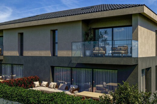 außenansicht mit day time, stuckverkleidung, ziegeldach, rendered, und balkon