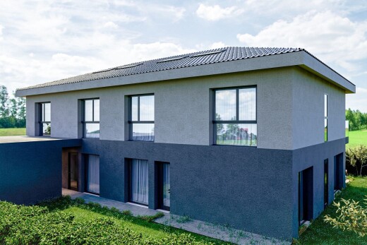 außenansicht mit stuckverkleidung, rendered, day time, und ziegeldach