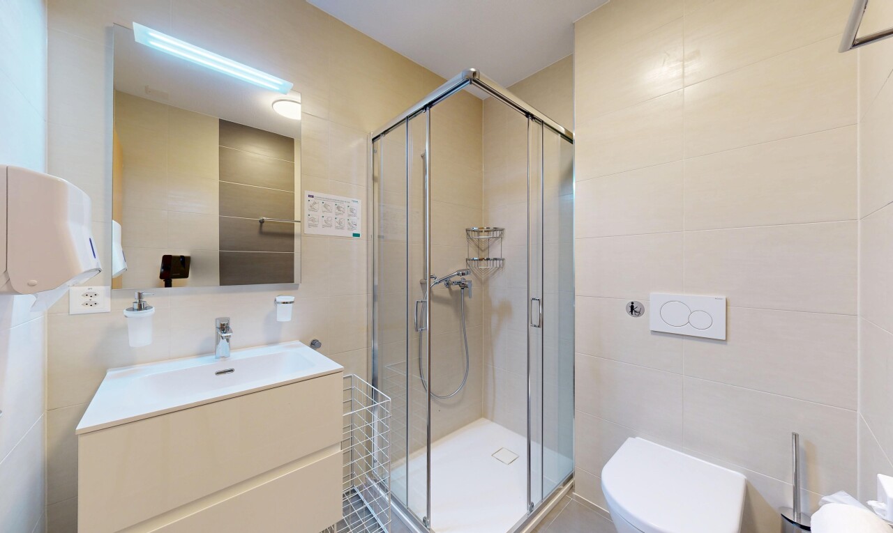 salle de bains avec toilette, douche, mur en carrelage, et évier