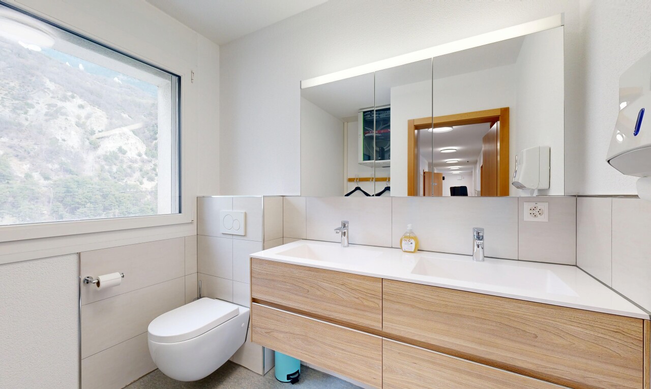 salle de bains avec miroir, double vasque, toilette, cloison sèche, et lumière naturelle