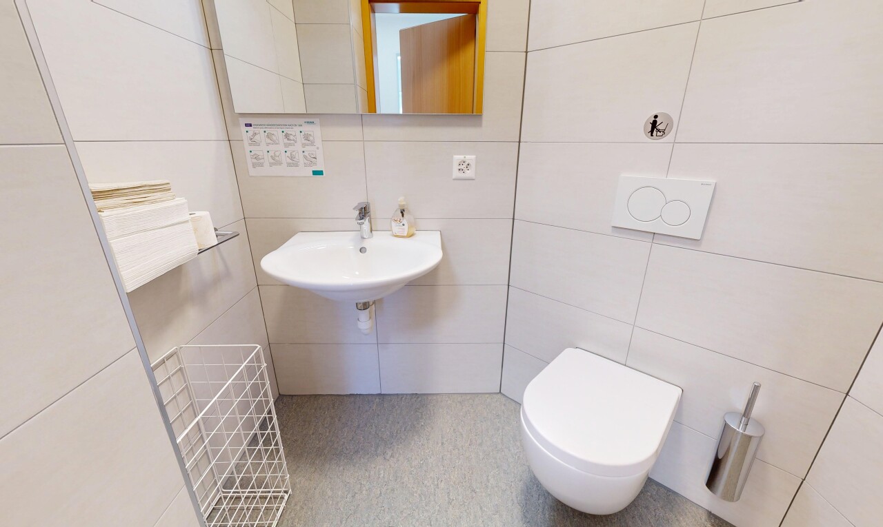 salle de bains avec toilette, évier, miroir, et mur en carrelage