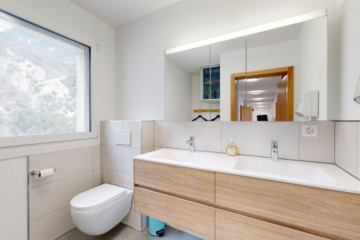 salle de bains avec miroir, double vasque, toilette, cloison sèche, et lumière naturelle