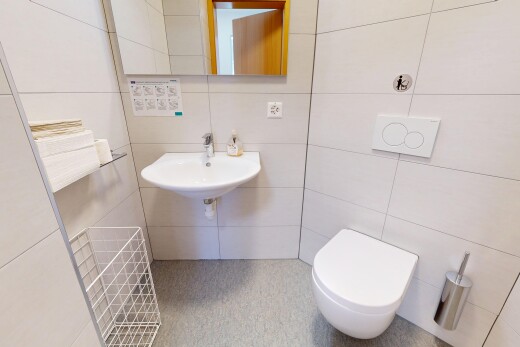 salle de bains avec toilette, évier, miroir, et mur en carrelage