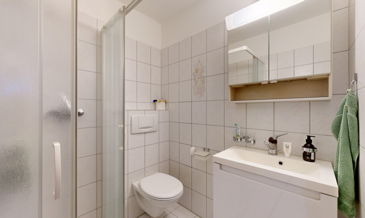 salle de bains avec miroir, salle de bain complète, lavabo (ou coiffeuse selon le contexte), douche, et inside property
