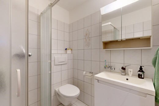 salle de bains avec miroir, salle de bain complète, lavabo (ou coiffeuse selon le contexte), douche, et inside property