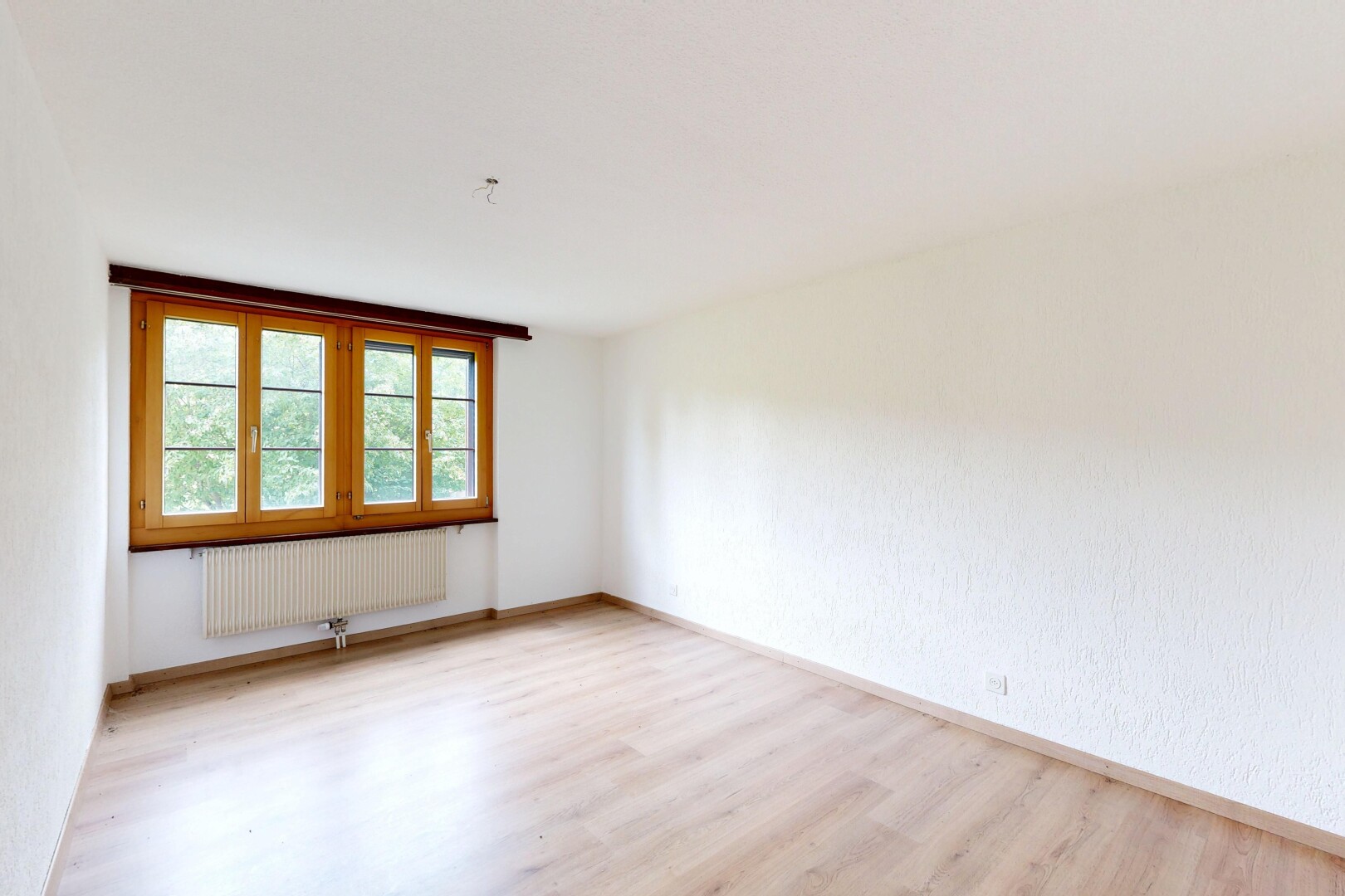 pièce vide avec sol en finition bois, wood finish floor, lumière naturelle, natural light, et radiateur