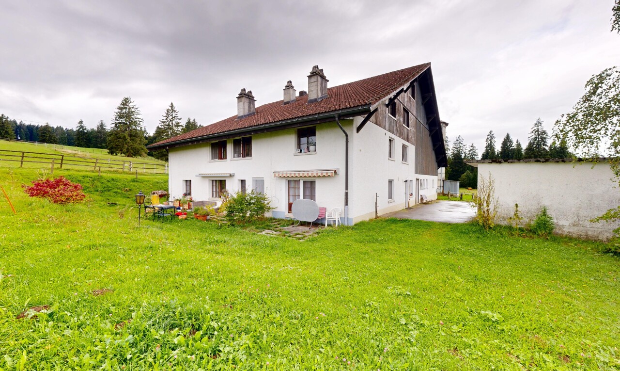 façade avec overcast, property visible, pelouse, cheminée, et clôture