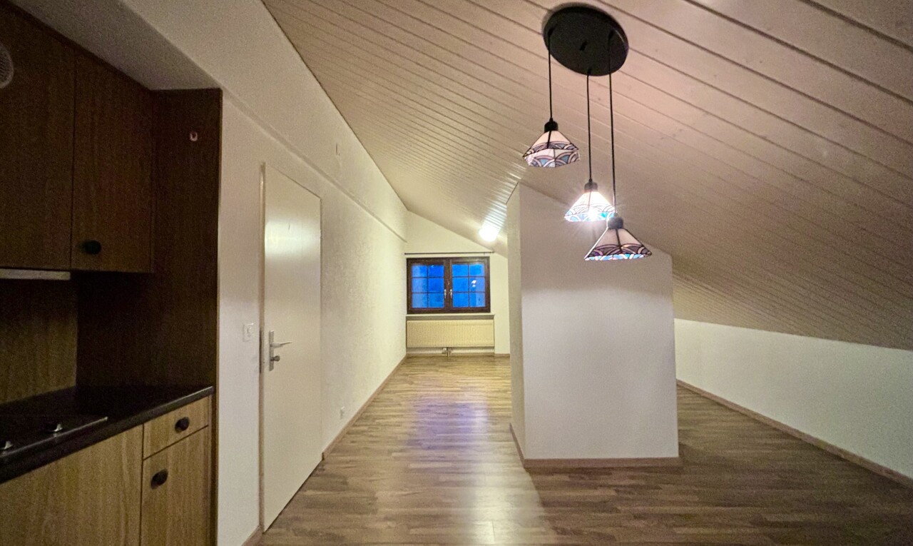 couloir avec vaulted ceiling, plafond voûté, wood finish floor, sol en finition bois, et inside property