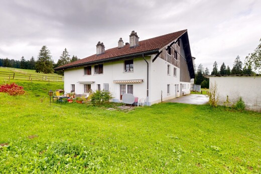 façade avec overcast, property visible, pelouse, cheminée, et clôture
