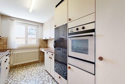 cuisine avec dosseret, backsplash, four, radiateur, et lumière naturelle