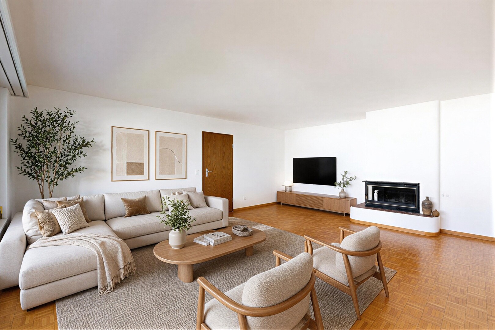 living area with parquet floors and a glass covered fireplace