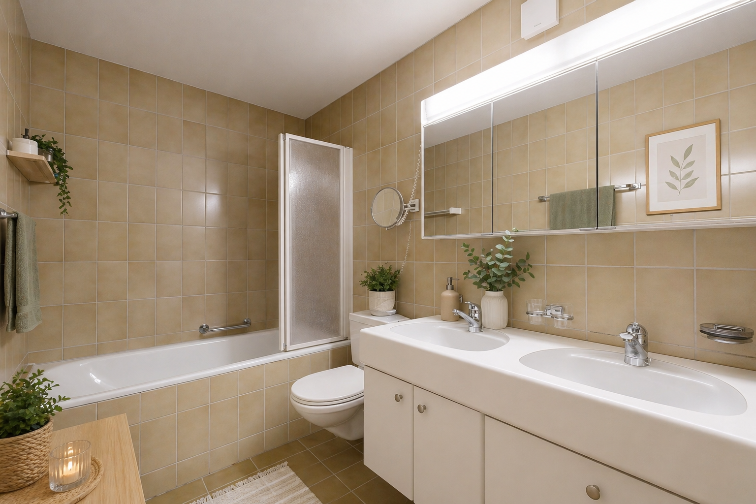 full bath with tile walls, double vanity, light tile patterned floors, and decorative backsplash