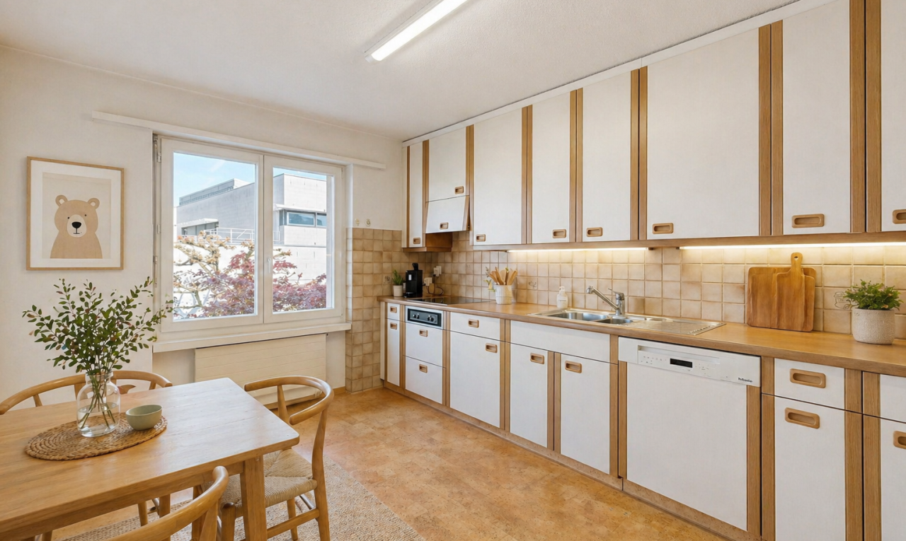 kitchen featuring light countertops, white dishwasher, and two tone cabinets