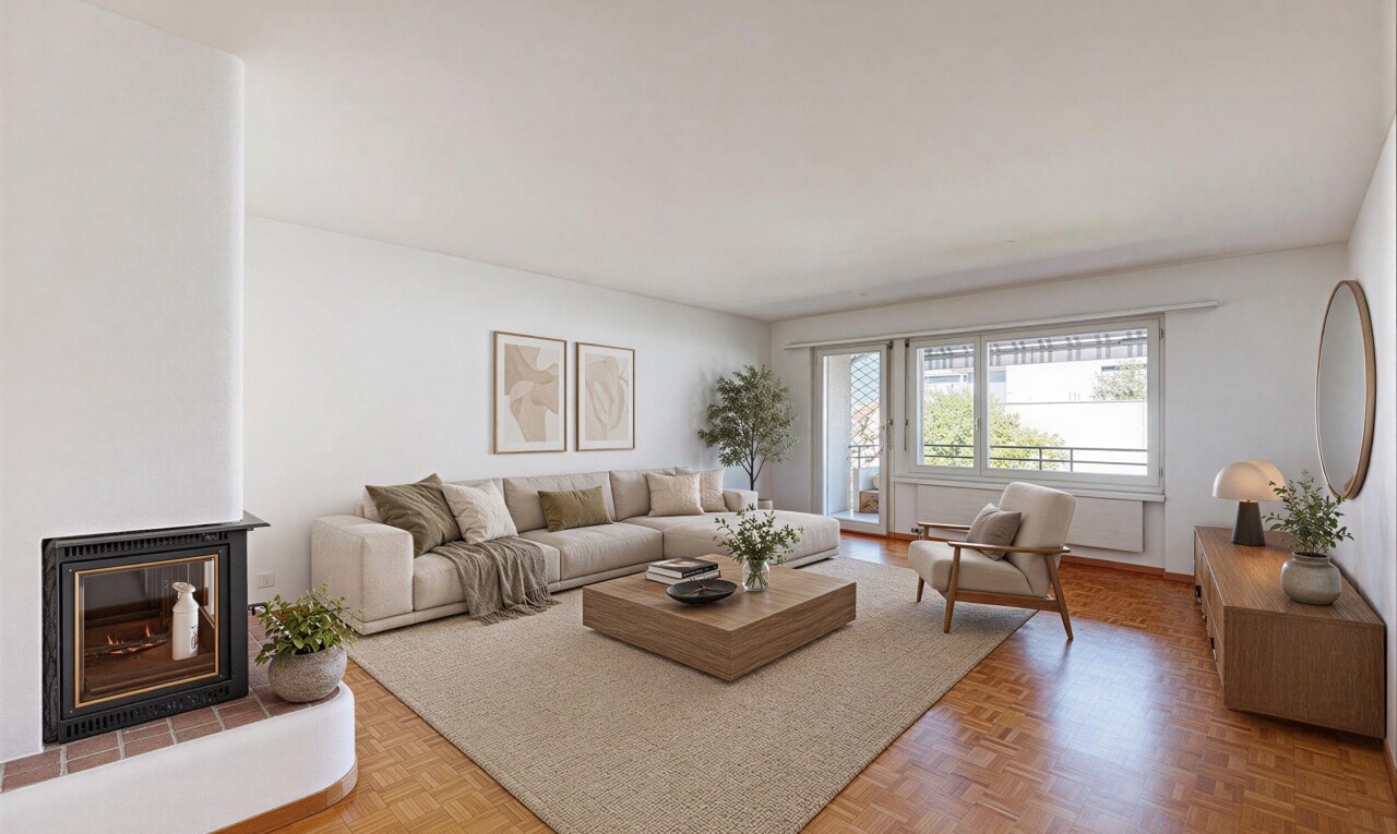living area with parquet floors and a glass covered fireplace